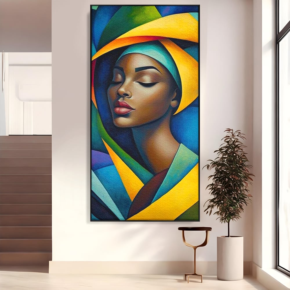 Tablou canvas cu tablou canvas cu portret feminin geometric, in rama de aluminiu negru